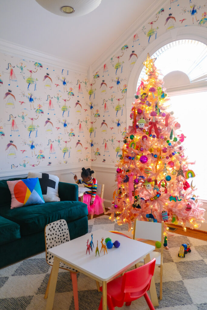 playroom with pink Christmas tree