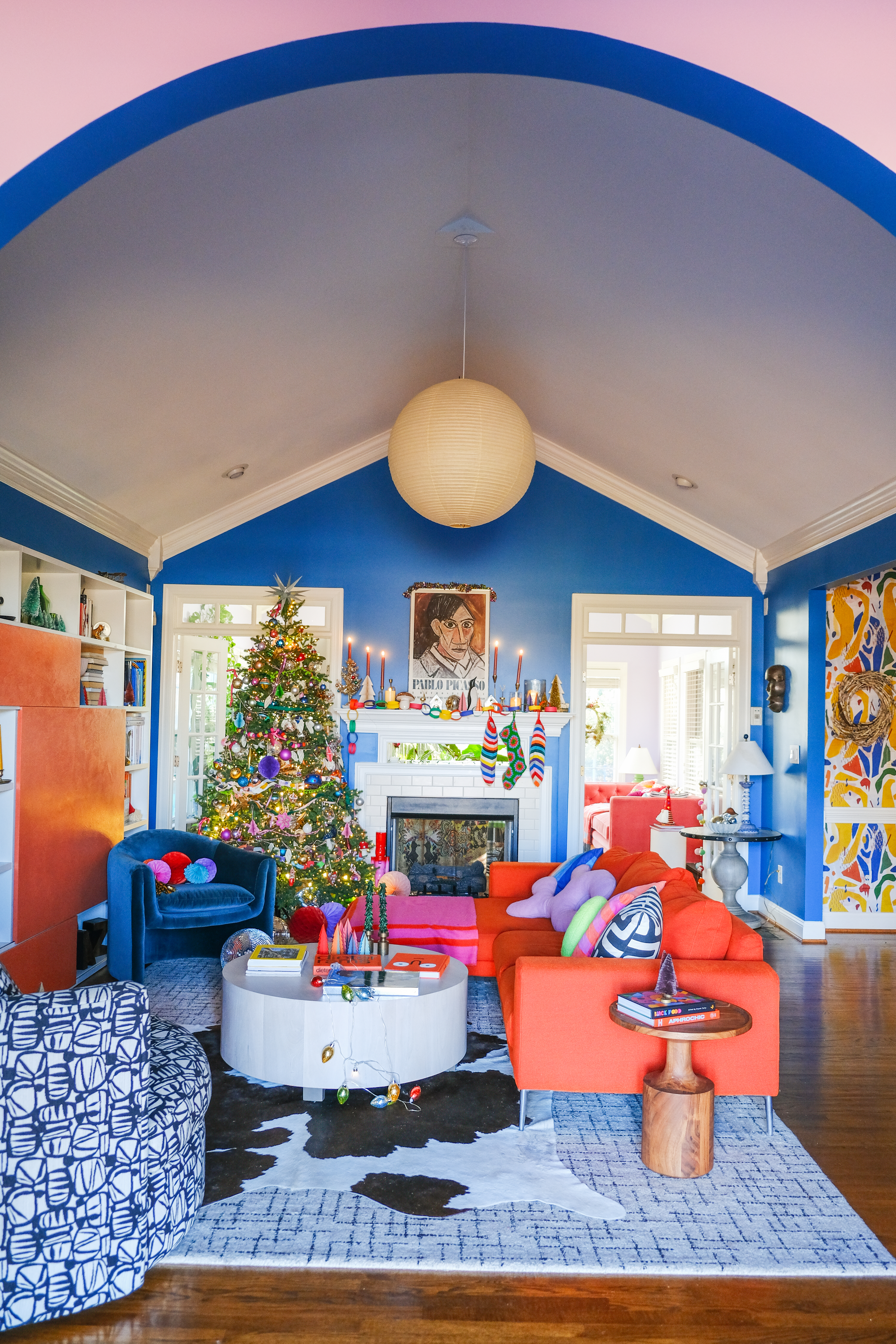 Christmas decor in colorful living room