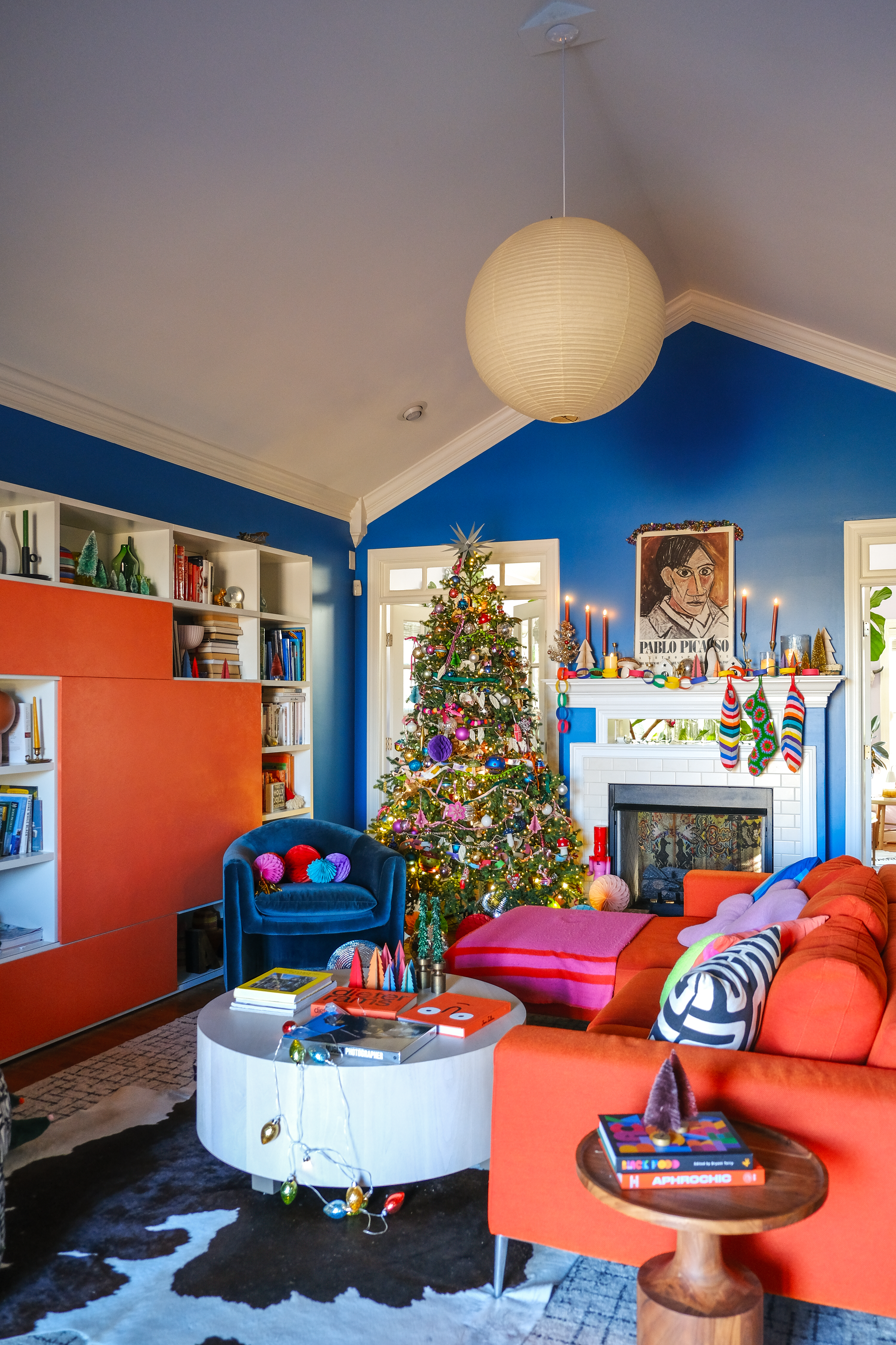 Living room decorated with colorful Christmas decor