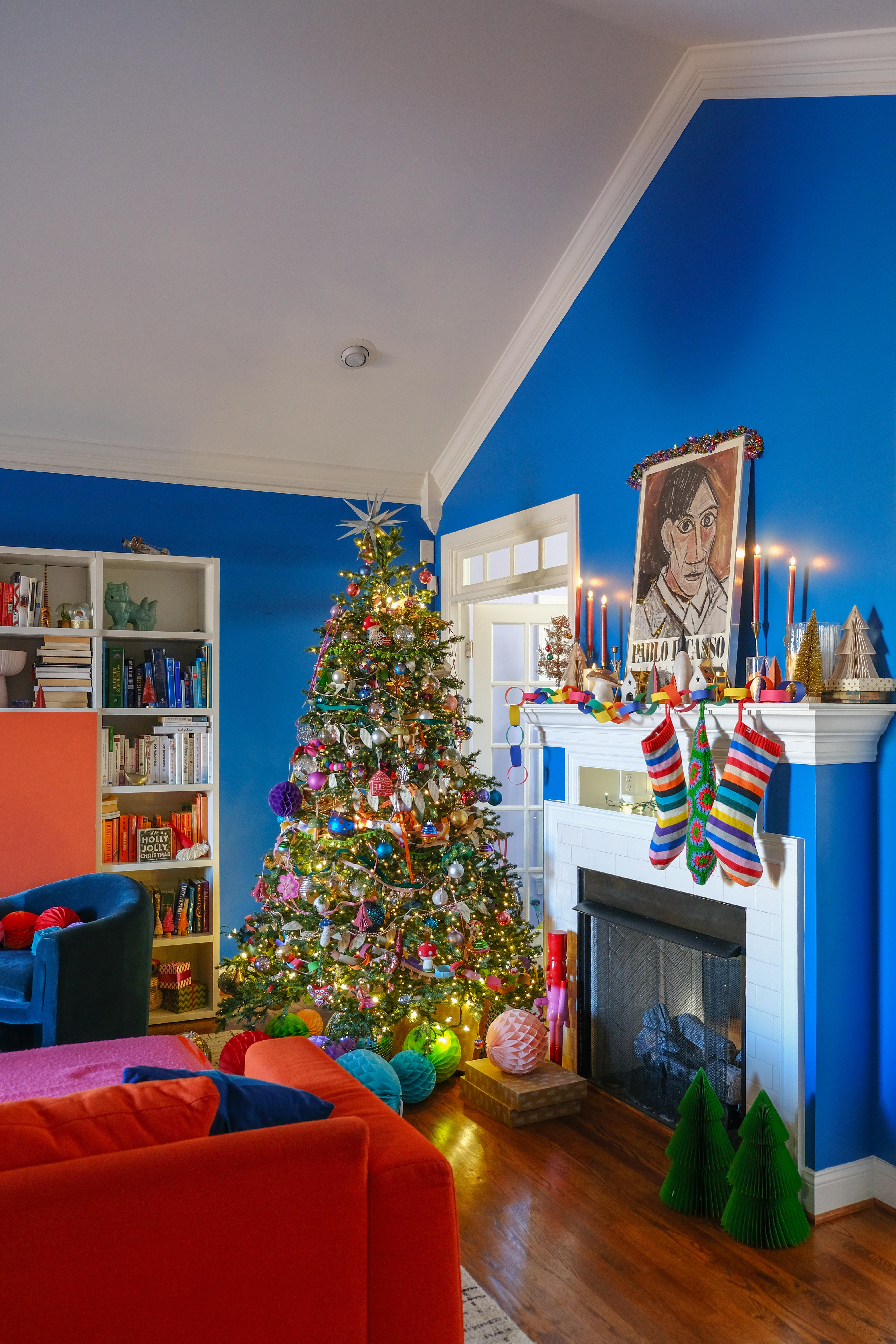 Christmas tree with colorful vintage ornaments