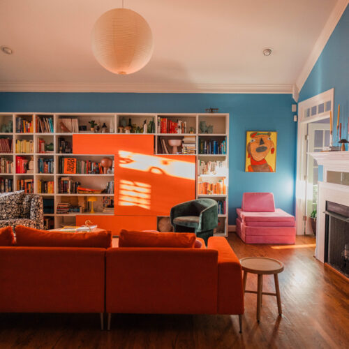 colorful living room with beautiful bookcase