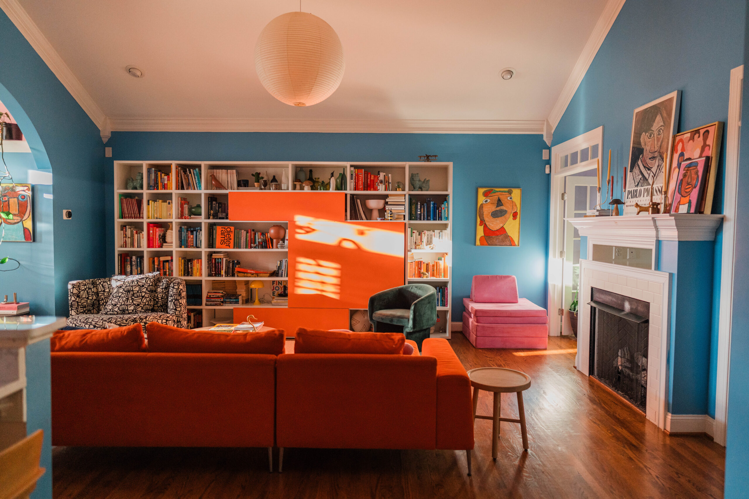 colorful living room with beautiful bookcase