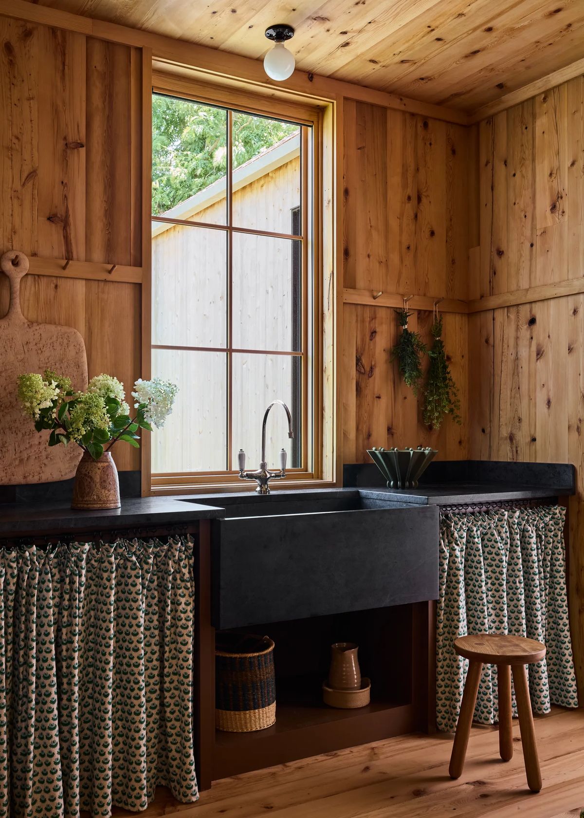 skirted curtains in lovely mudroom