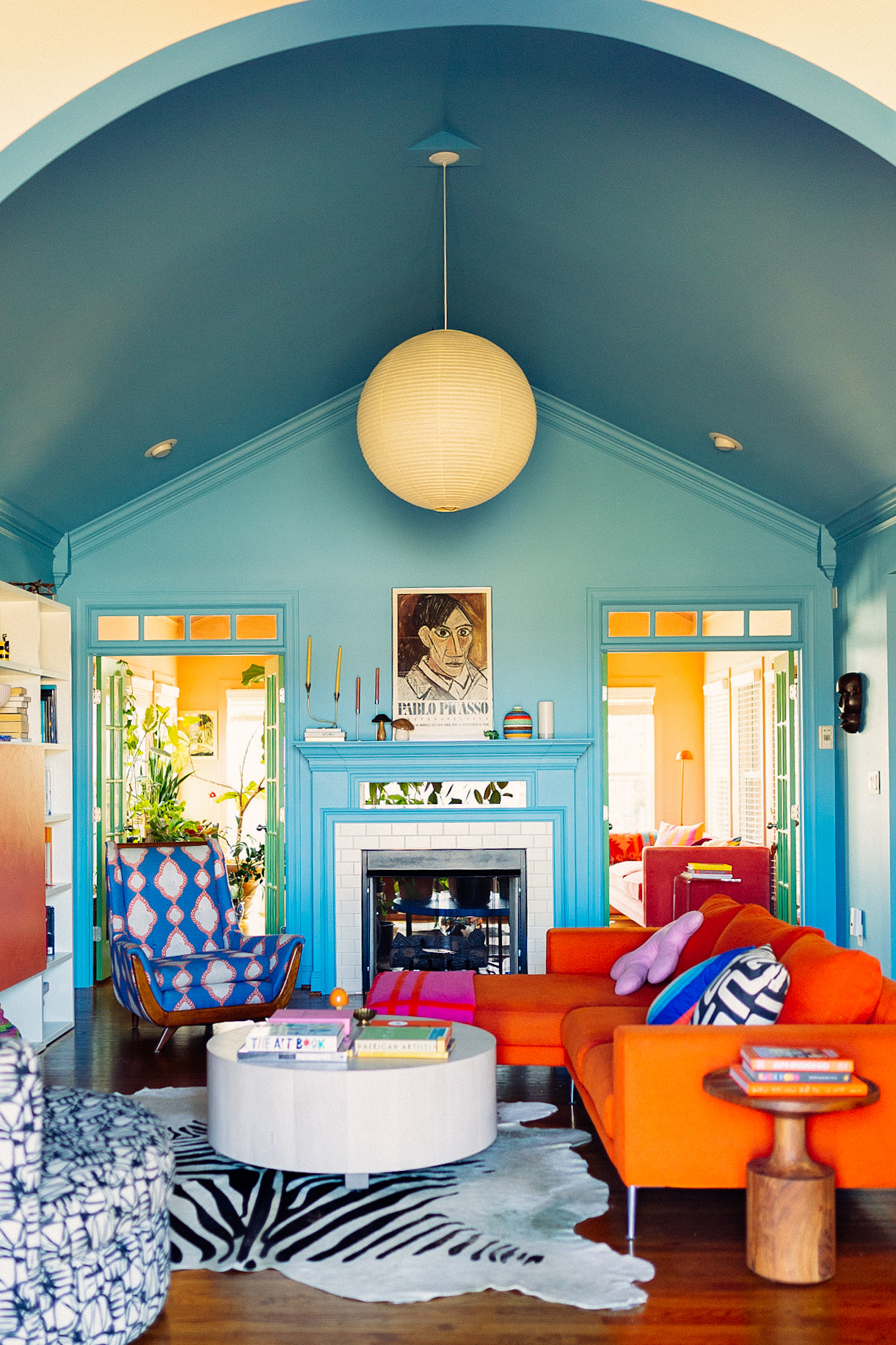 blue color drenched living room