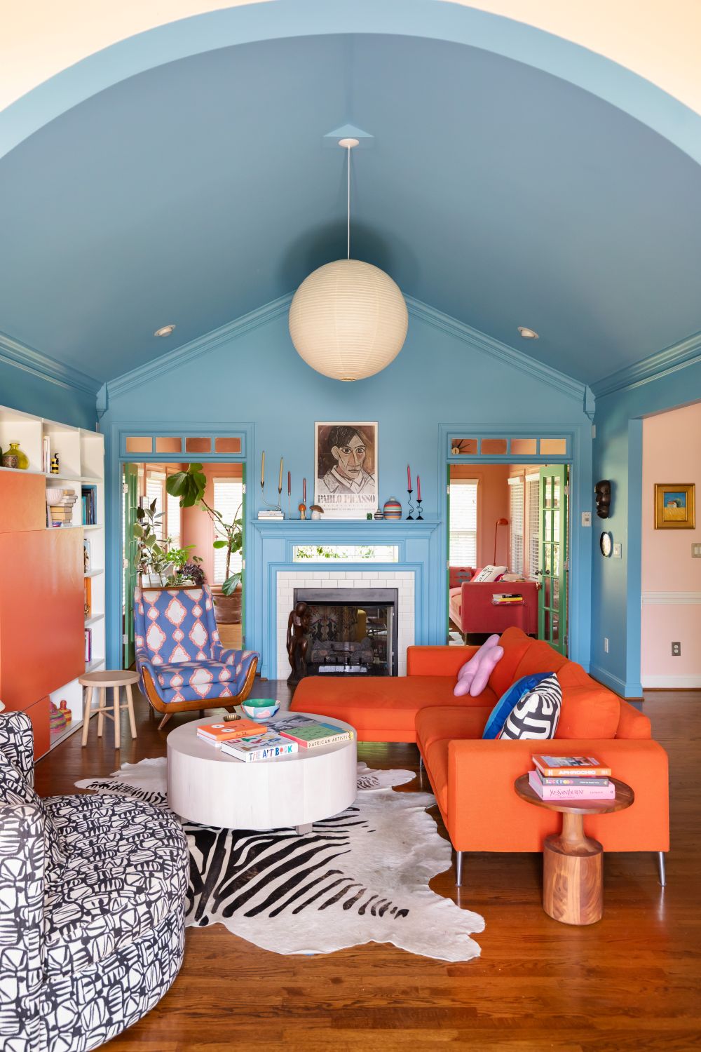 blue color drenched living room