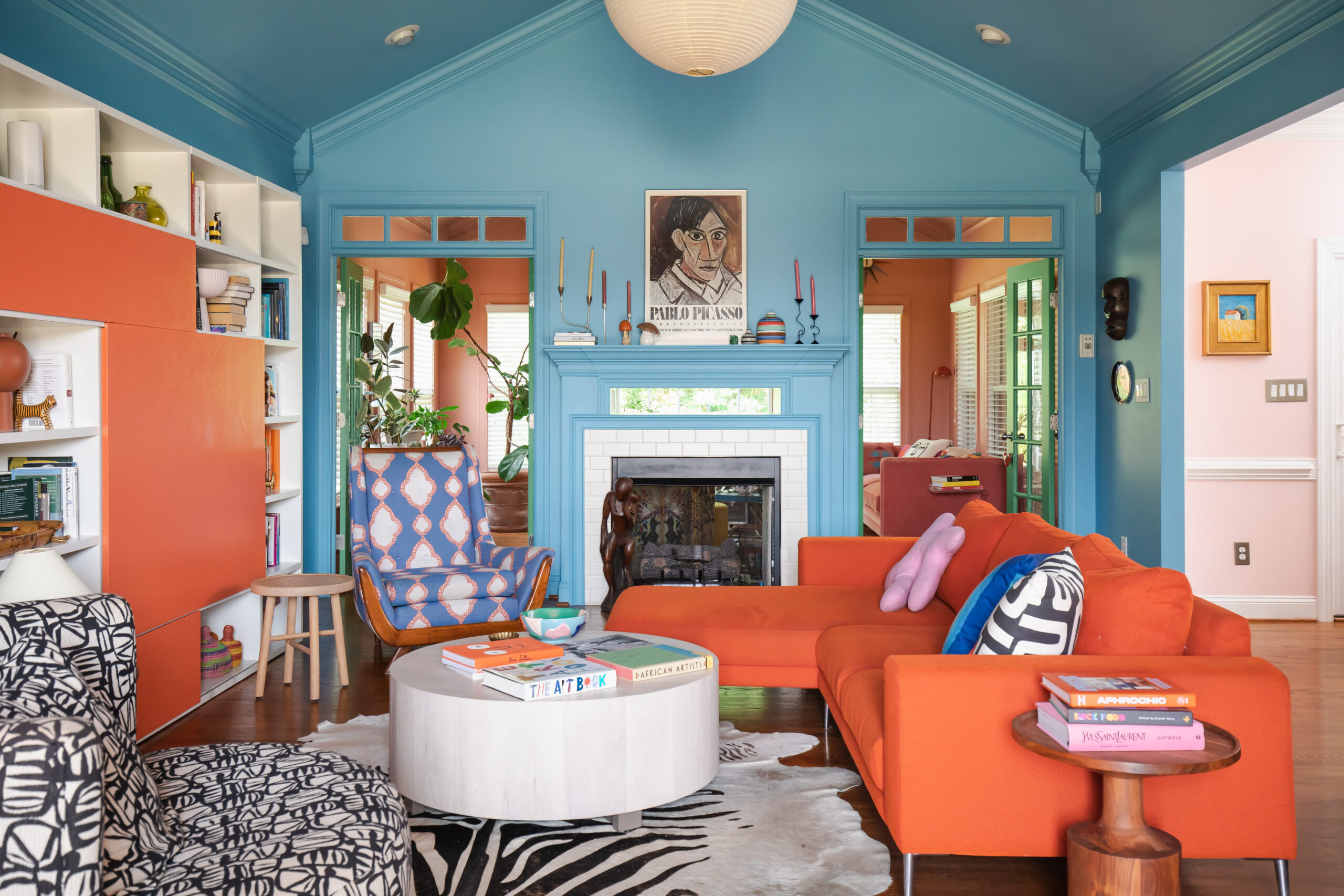 blue color drenched living room
