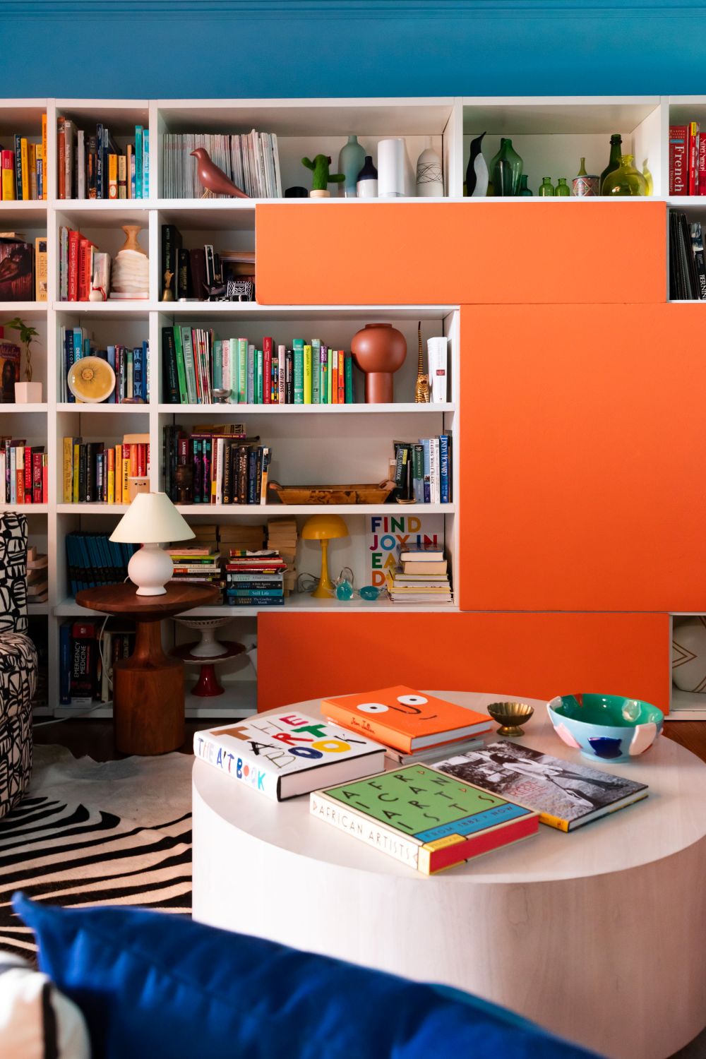 colorful bookshelf in living room