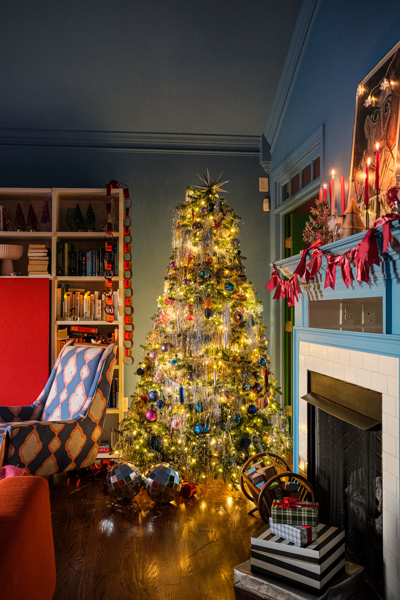 fun and colorful Christmas decorations, tinsel christmas tree