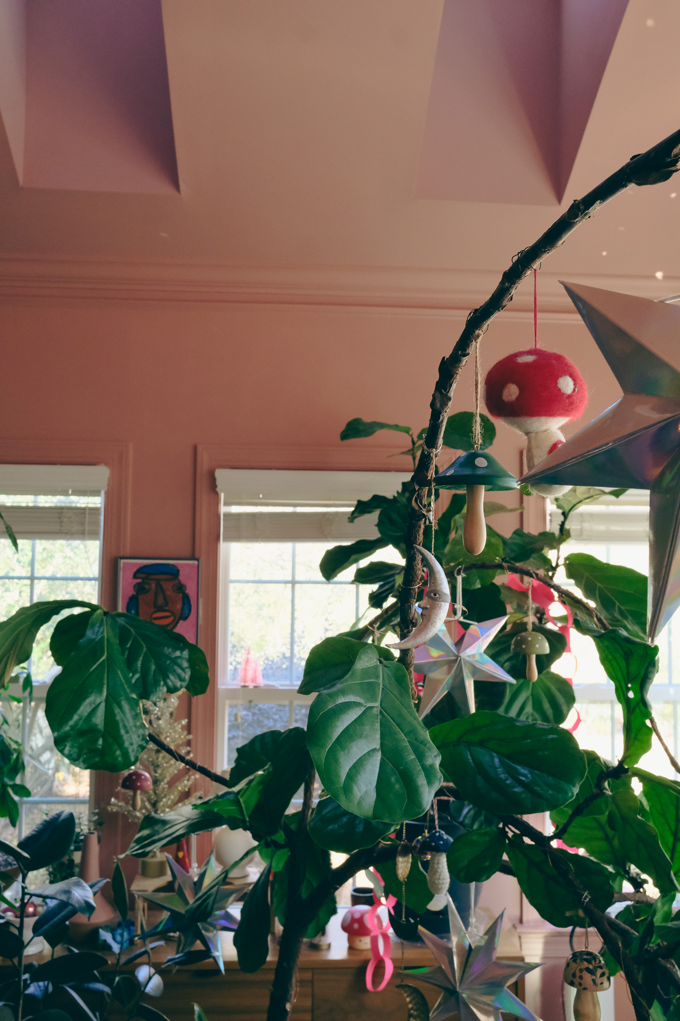 plant decorated with christmas ornaments