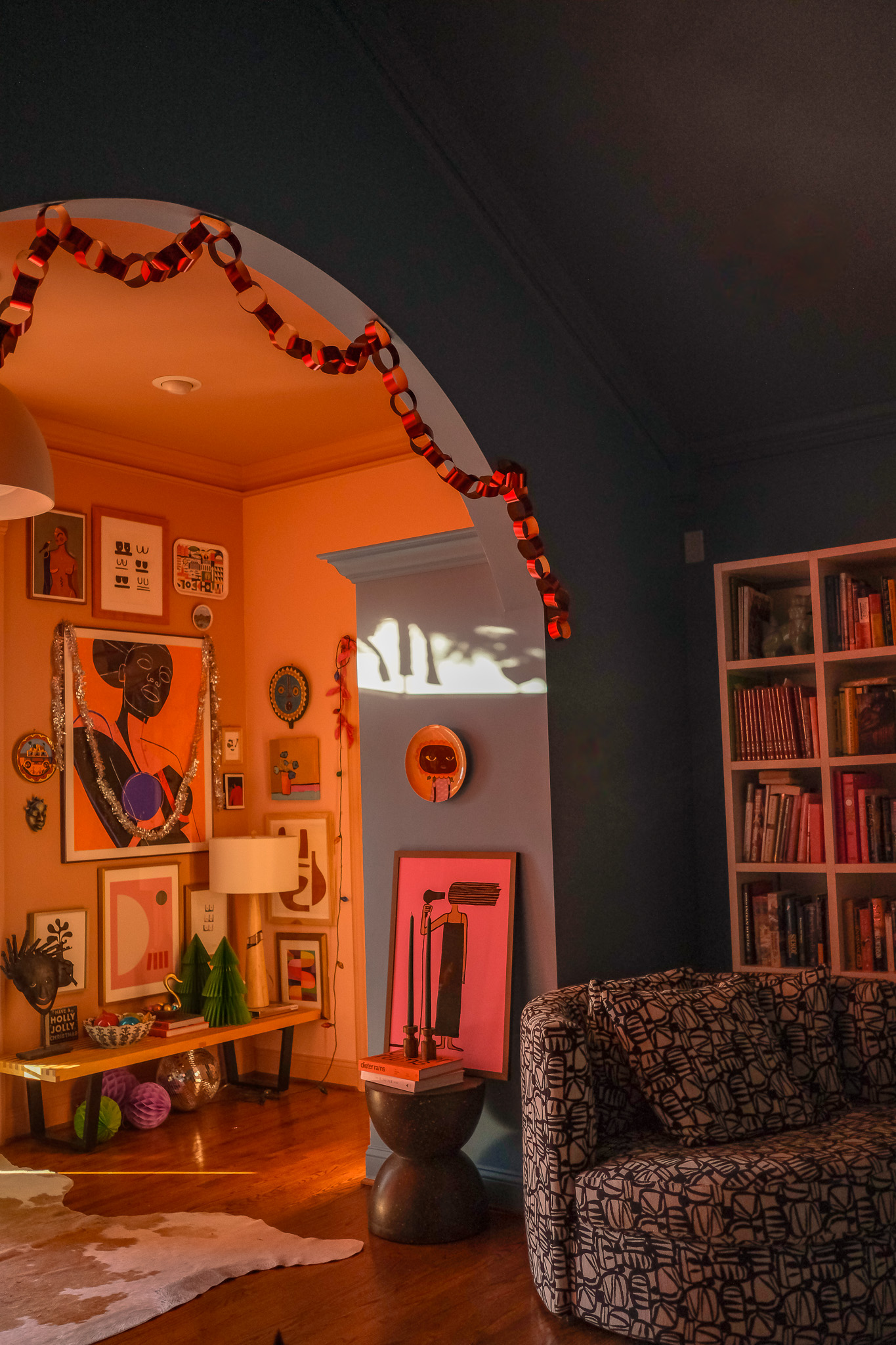 fun and colorful Christmas decorations, art, gallery wall