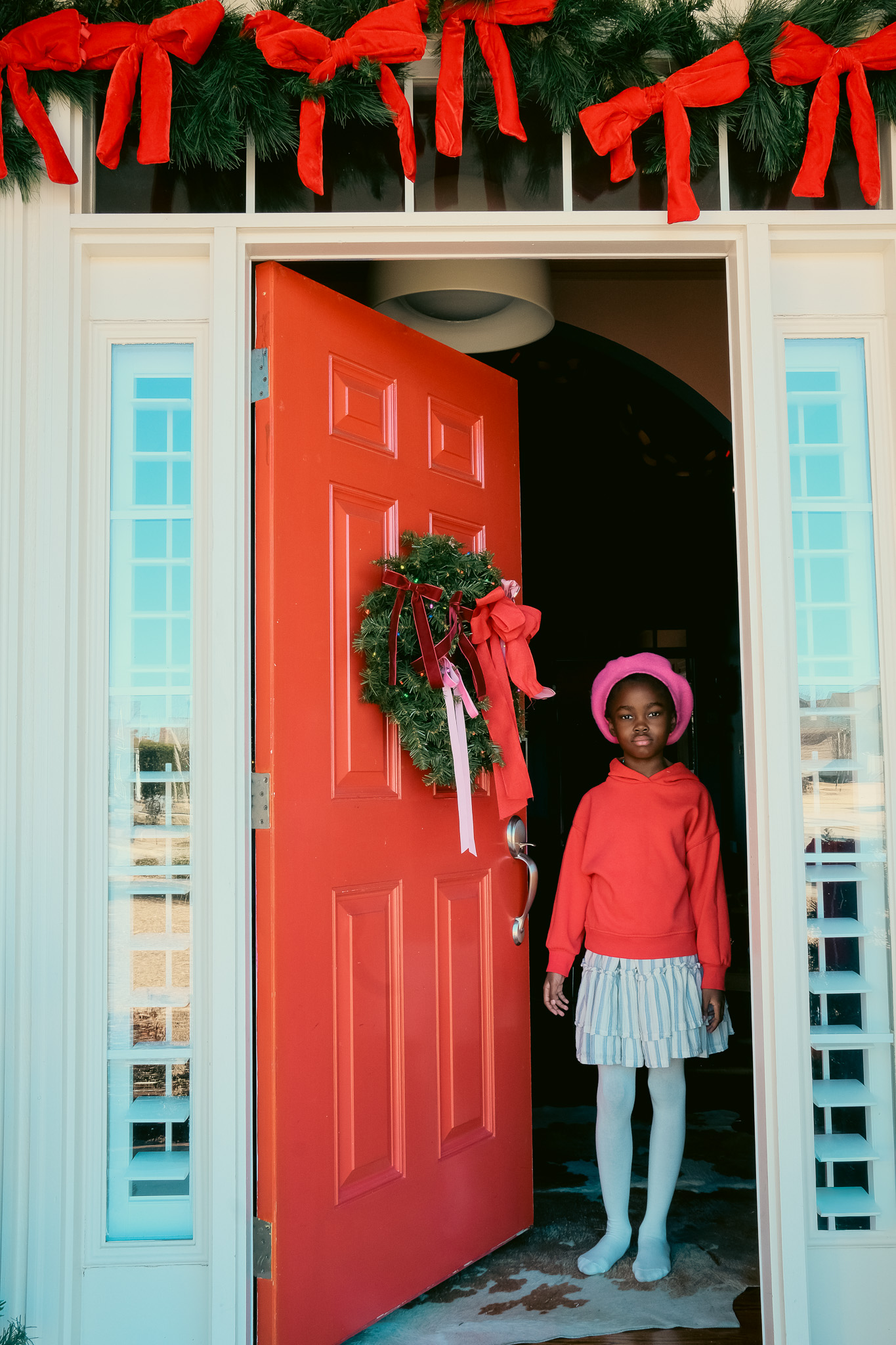 christmas front door, christmas bows