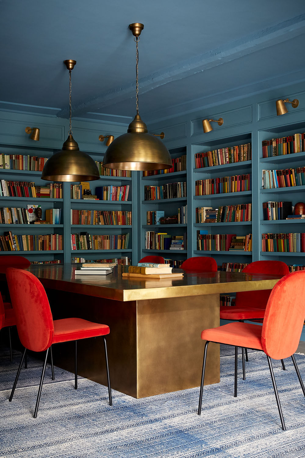 blue color drenched library